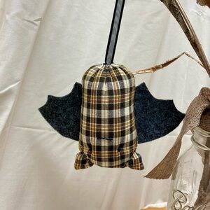Plaid Bat Ornament  Brown Fabric Bat with Felt Wings  Halloween Décor,